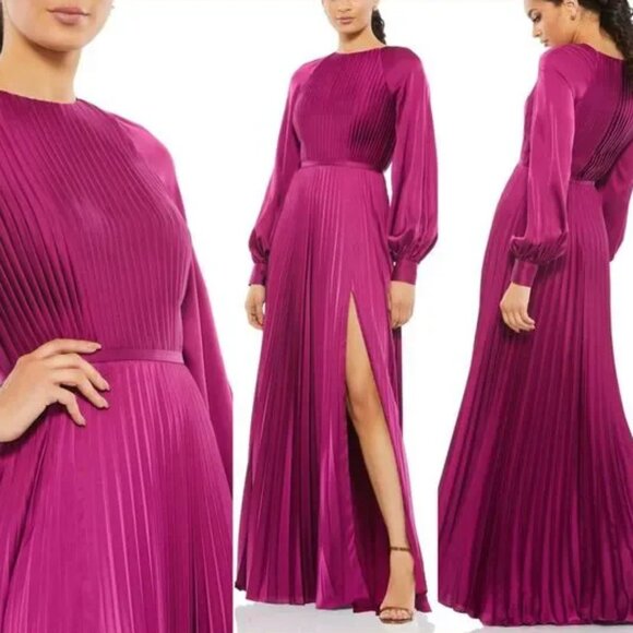 Mac Duggal 26590 Size 16 Berry Pink Pleated Long Blouson Sleeve Maxi Dress Gown - Picture 1 of 2